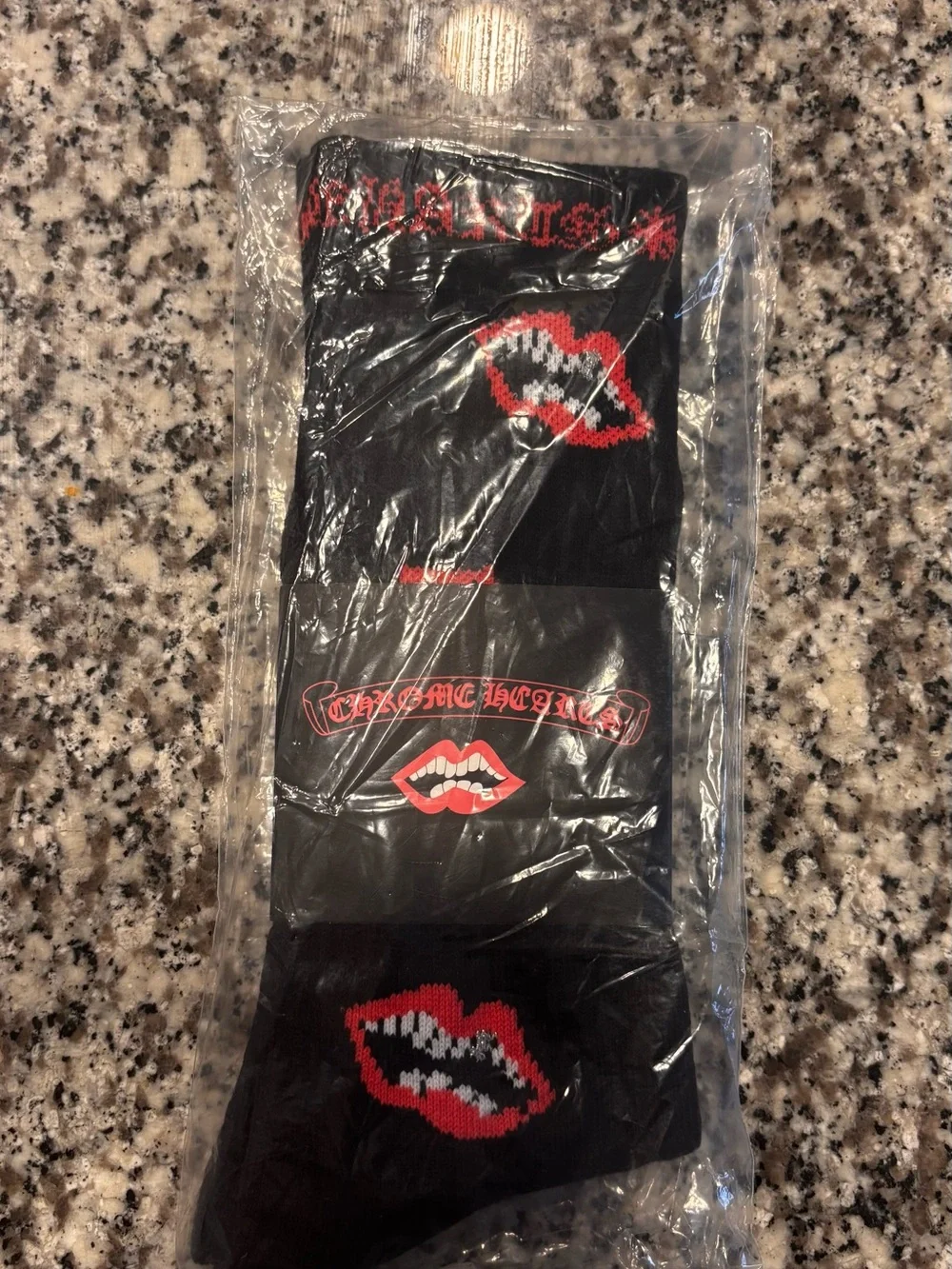 Chrome Hearts Black Crew Socks with Red Lip Graphic